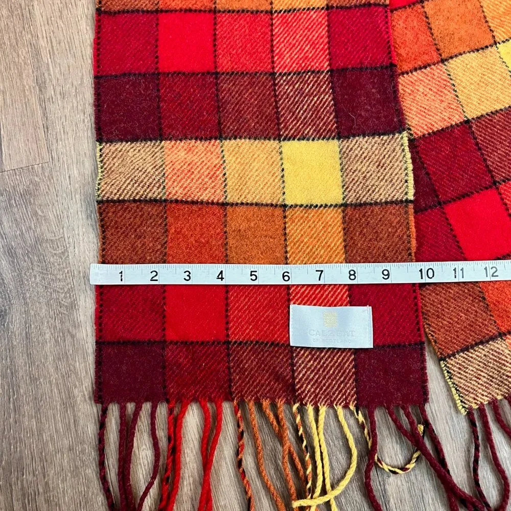 Calzeat of Scotland Border Lambswool Scarf Red Yellow Color Block Plaid